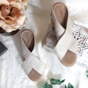 Merona banded cork wedge mules